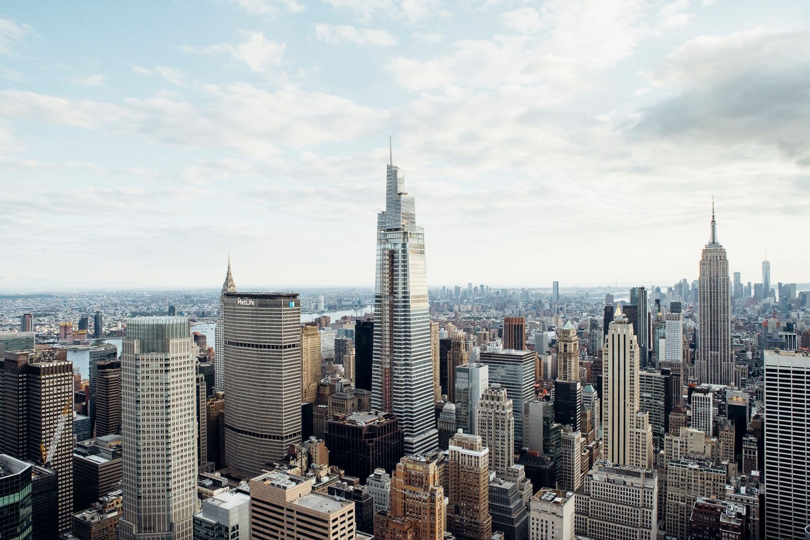 Aerial view of a dense financial district of skyscrapers