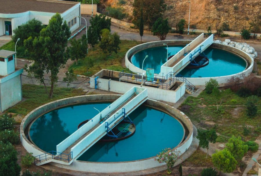 Aerial view of circular water treatment basins